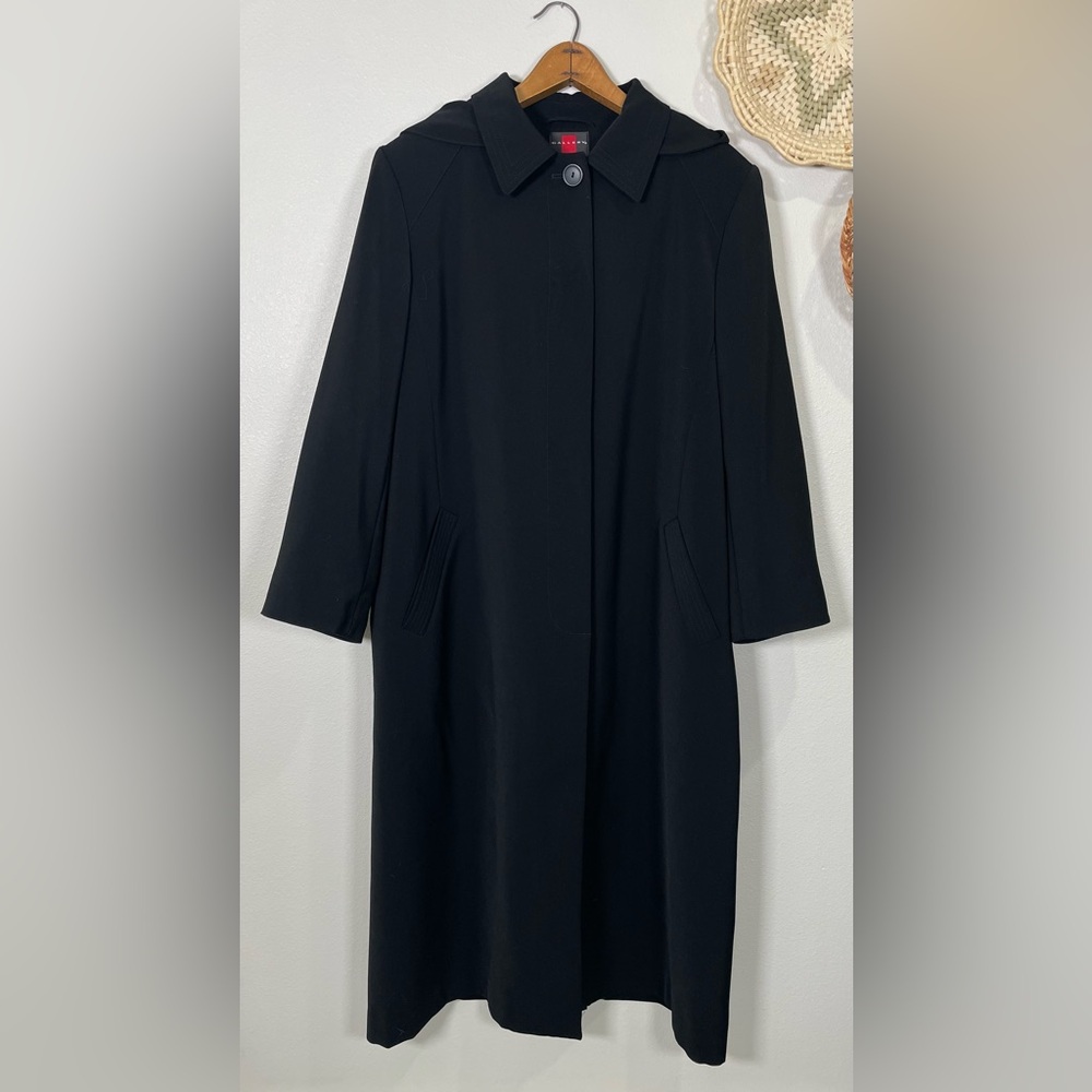 Long Black Trench Lined Button Up Hood Dress Coat Full Length Gallery Size 14